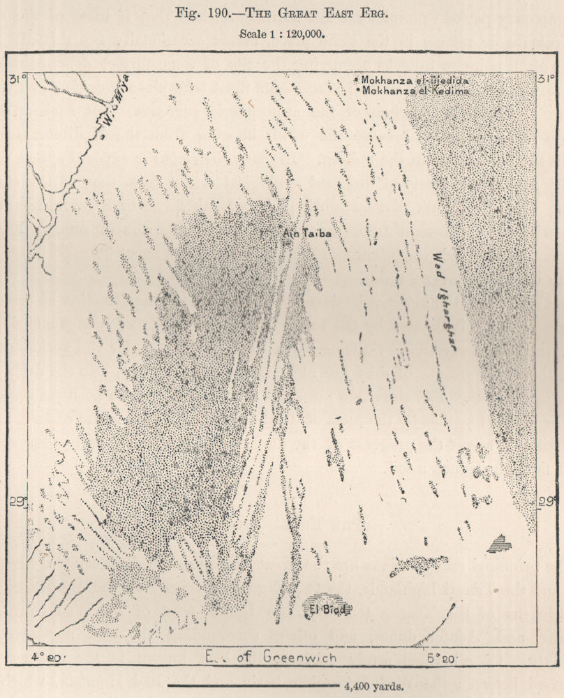 Great East Erg.Grand Erg Oriental.Algeria Tunisia.Sahara sand dunes 1885 map
