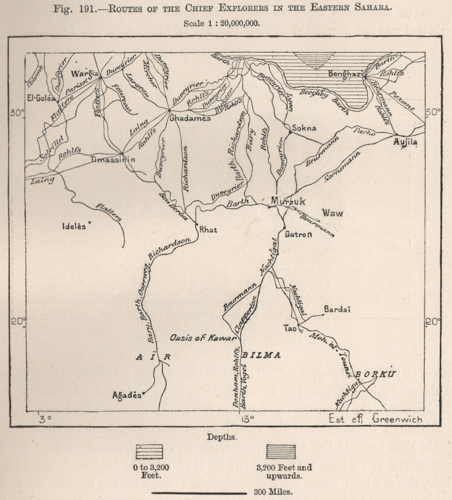 Routes of the chief explorers in the Eastern Sahara.Libya.The Sahara 1885 map