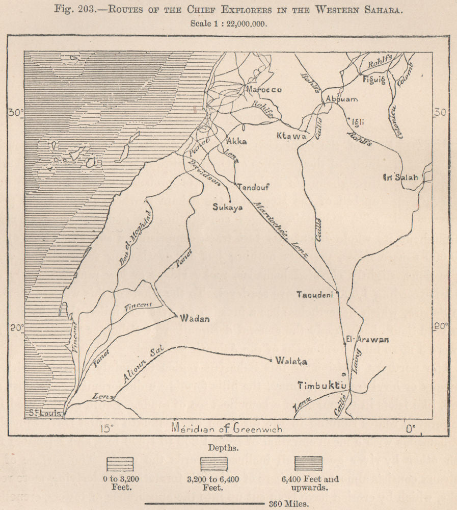 Routes of the chief explorers in the Western Sahara. Africa 1885 old map