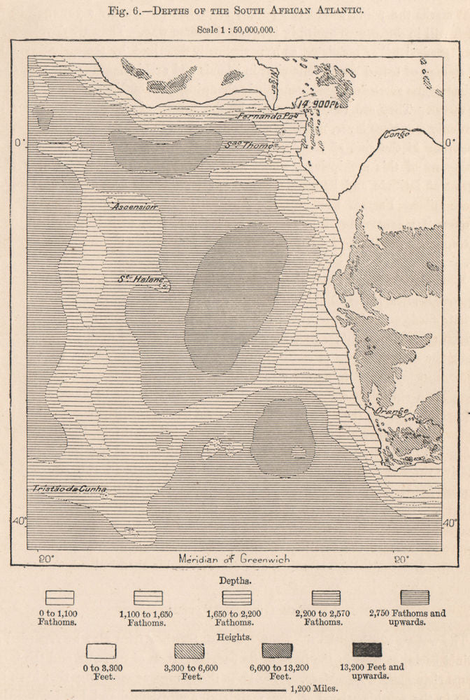 Depths of the South African Atlantic 1885 old antique vintage map plan chart