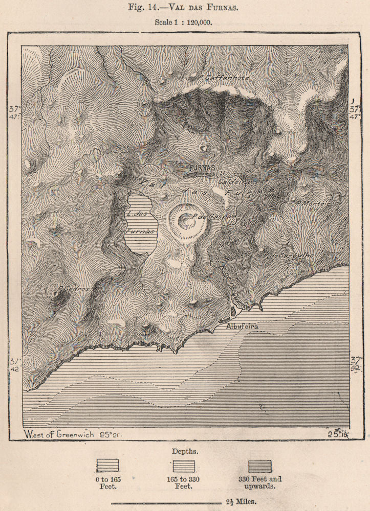 Vale das Furnas, Pico do Gaspar, lha de São Miguel, Azores. Portugal 1885 map