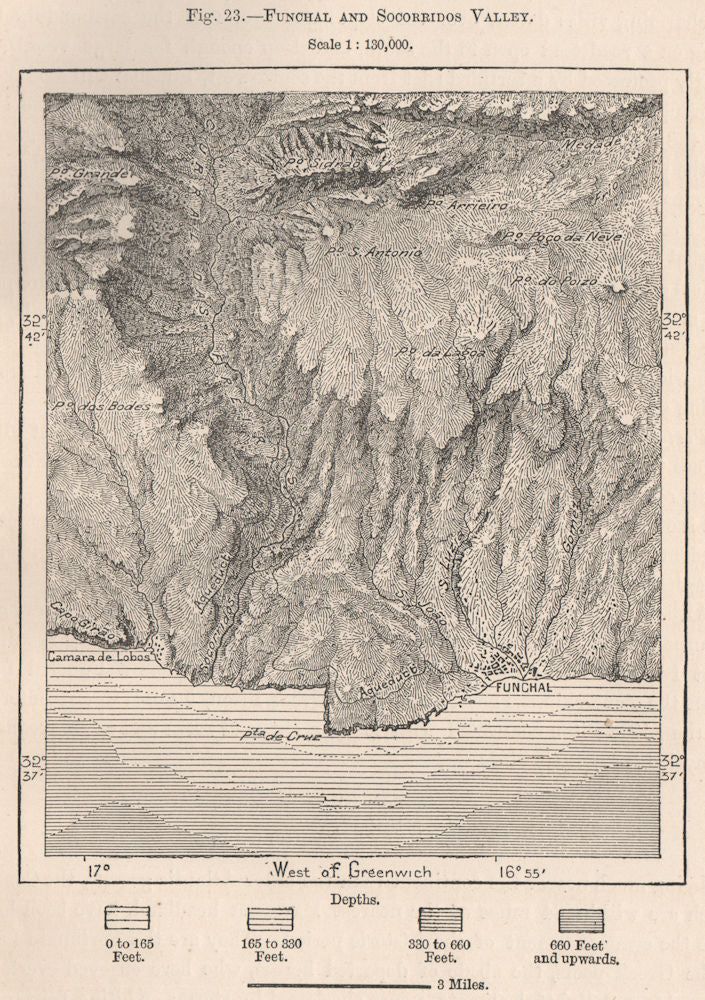 Funchal and Socorridos Valley, Madeira. Portugal 1885 old antique map chart