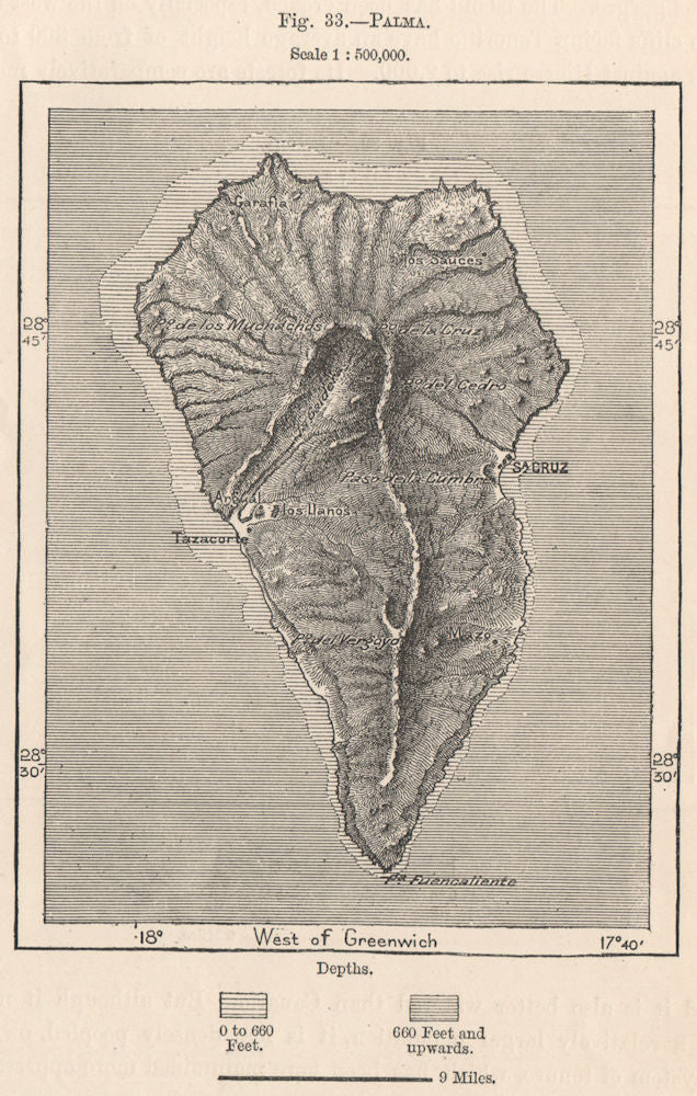 La Palma, Canary Islands. Spain. Santa Cruz 1885 old antique map plan chart