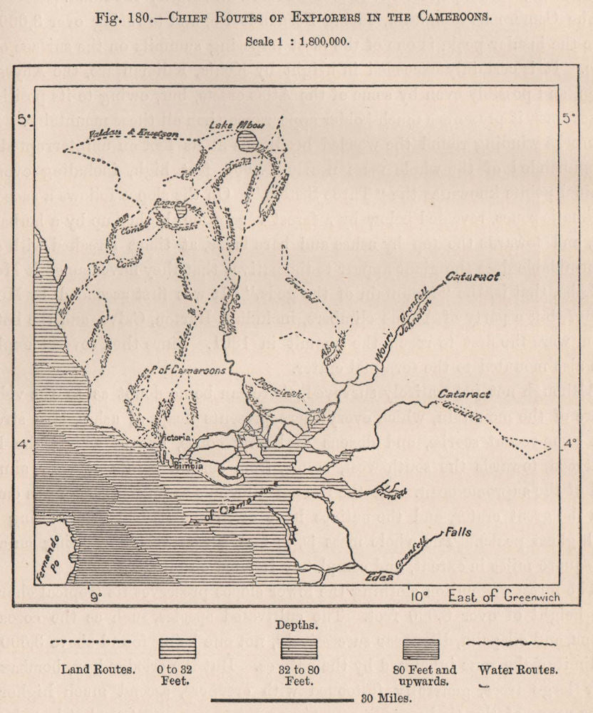 Chief routes of explorers in the Cameroon 1885 old antique map plan chart