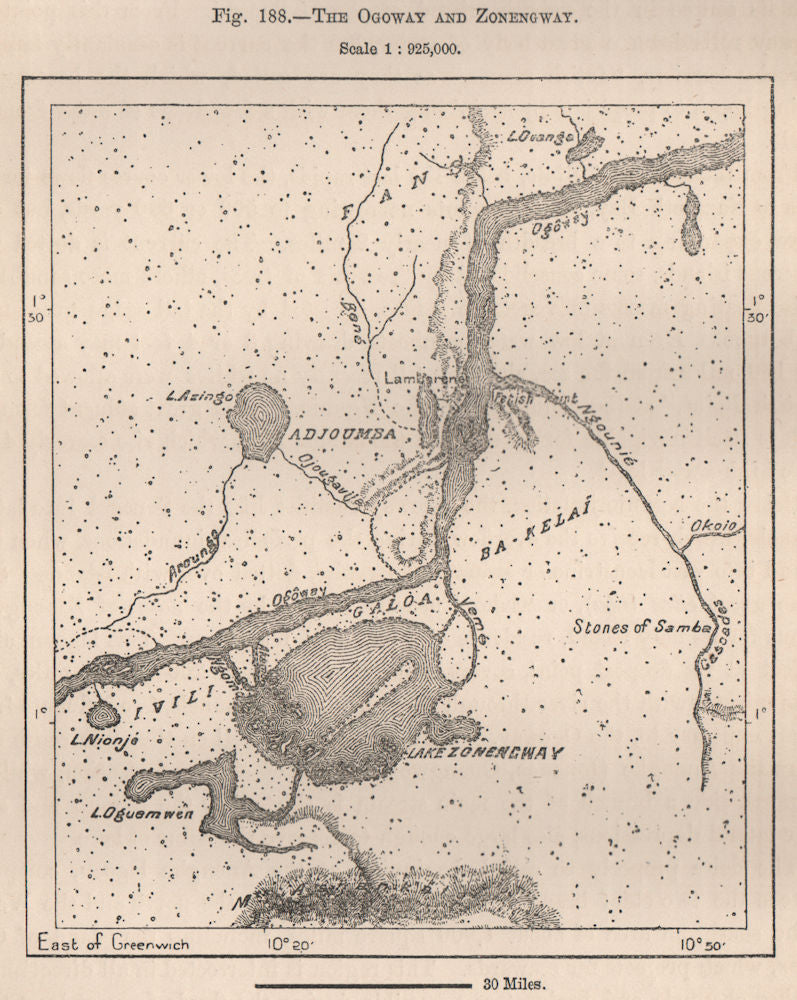 The Ogooué (Ogowe) and Lake Onangue. Lambarene. Gabon 1885 old antique map