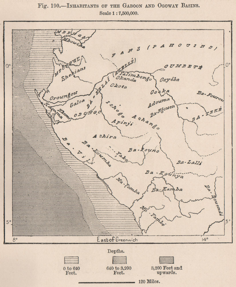 Inhabitants of the Gabon & Ogooué (Ogowe) Basins 1885 old antique map chart