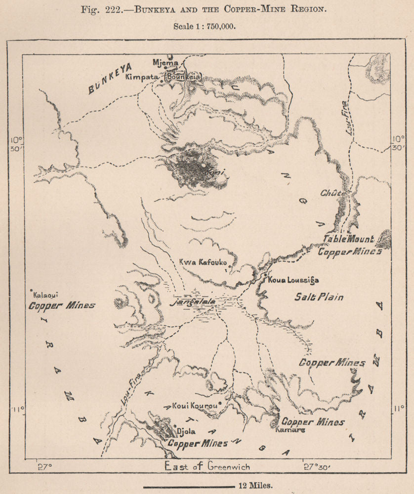 Bunkeya and the copper-mine region. Congo 1885 old antique map plan chart