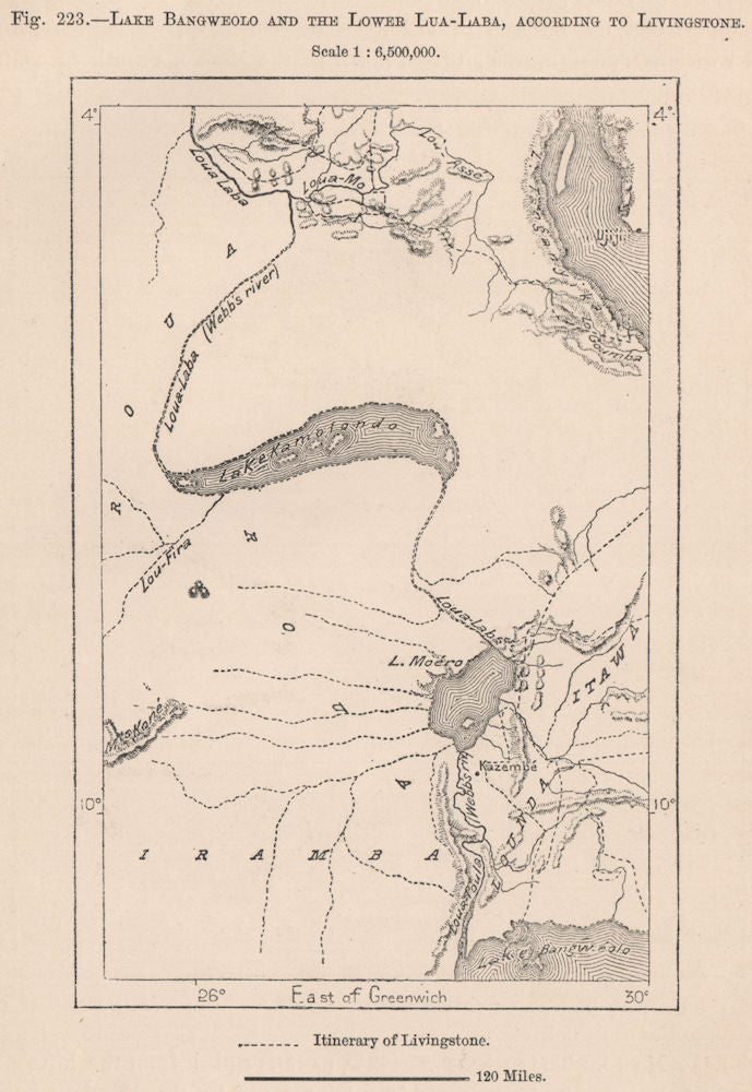 Lakes Bangweulu, Mweru & lower Lualaba river, per Livingstone. Congo 1885 map