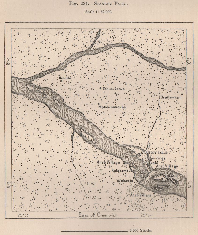 Boyoma Falls (Stanley Falls) Lualaba river. Congo 1885 old antique map chart