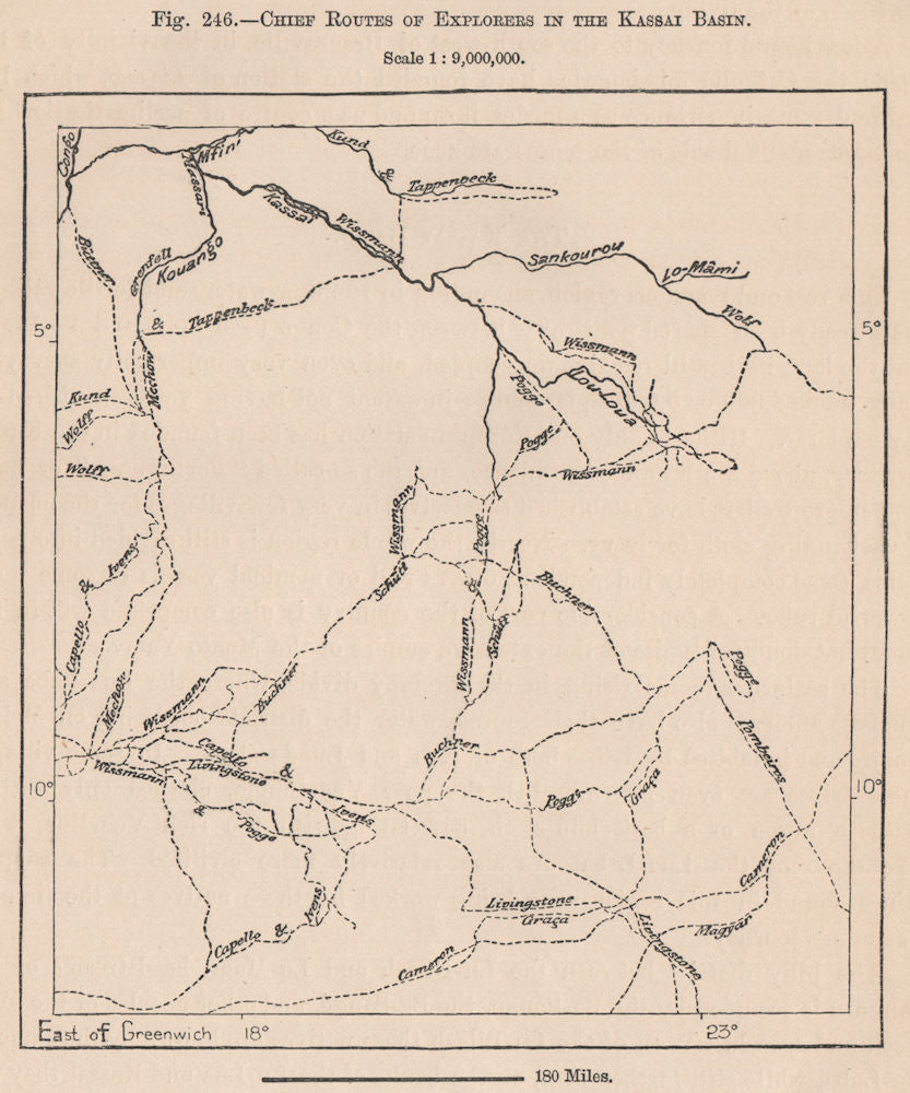 Chief routes of explorers in the Kassai Basin. Congo. Congo Basin 1885 old map