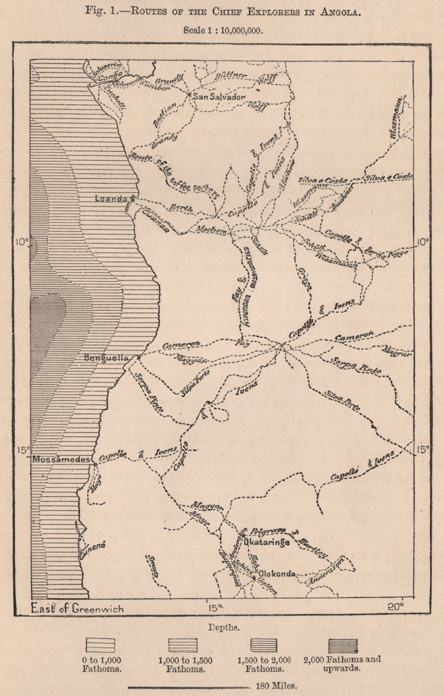 Routes of the chief explorers in Angola 1885 old antique map plan chart