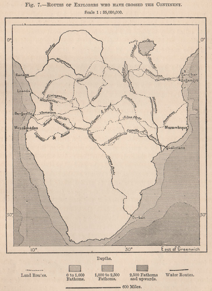 Routes of explorers who have crossed the continent. Africa. Angola 1885 map
