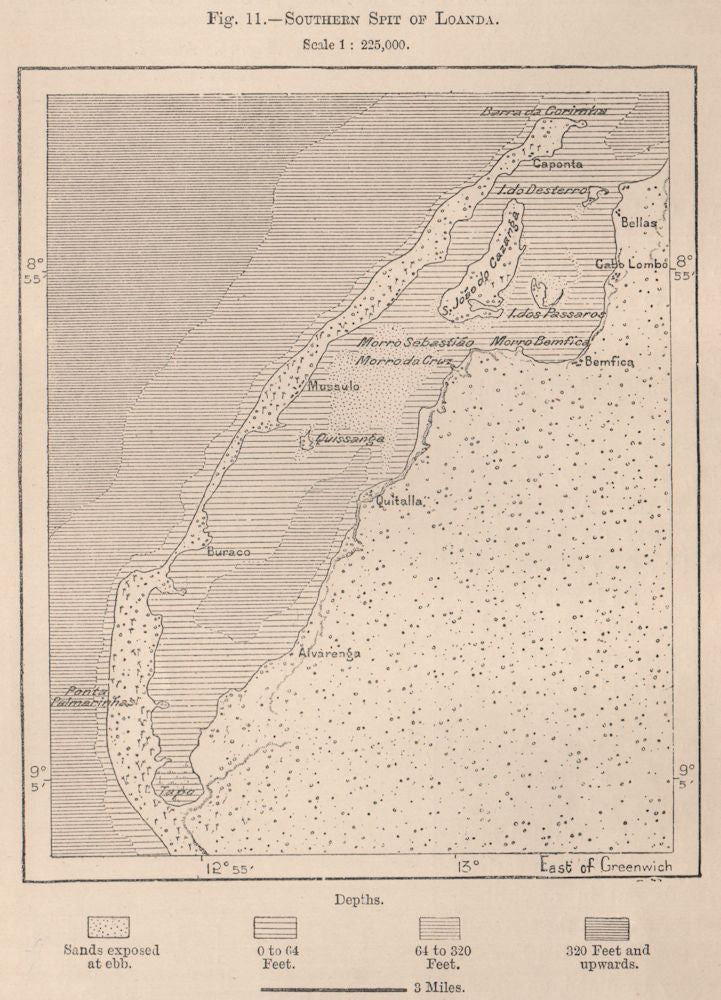 Southern spit of Luanda. Angola 1885 old antique vintage map plan chart