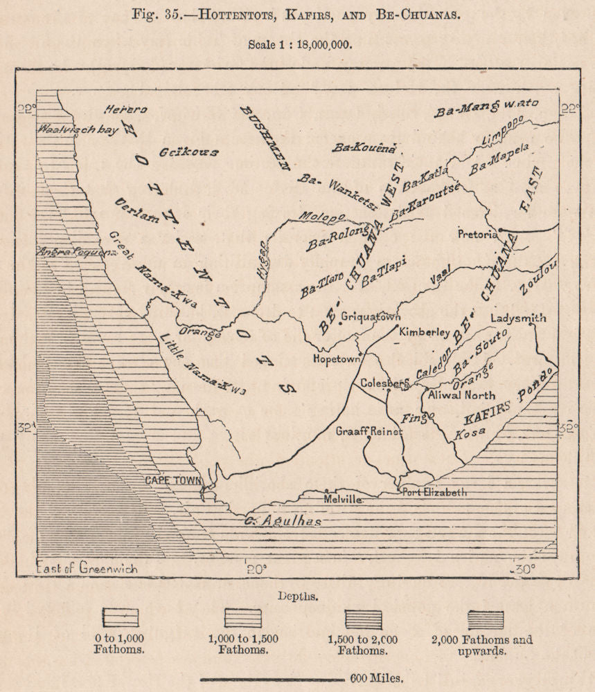 Hottentots, Kafirs, and Bechuanas. South Africa 1885 old antique map chart