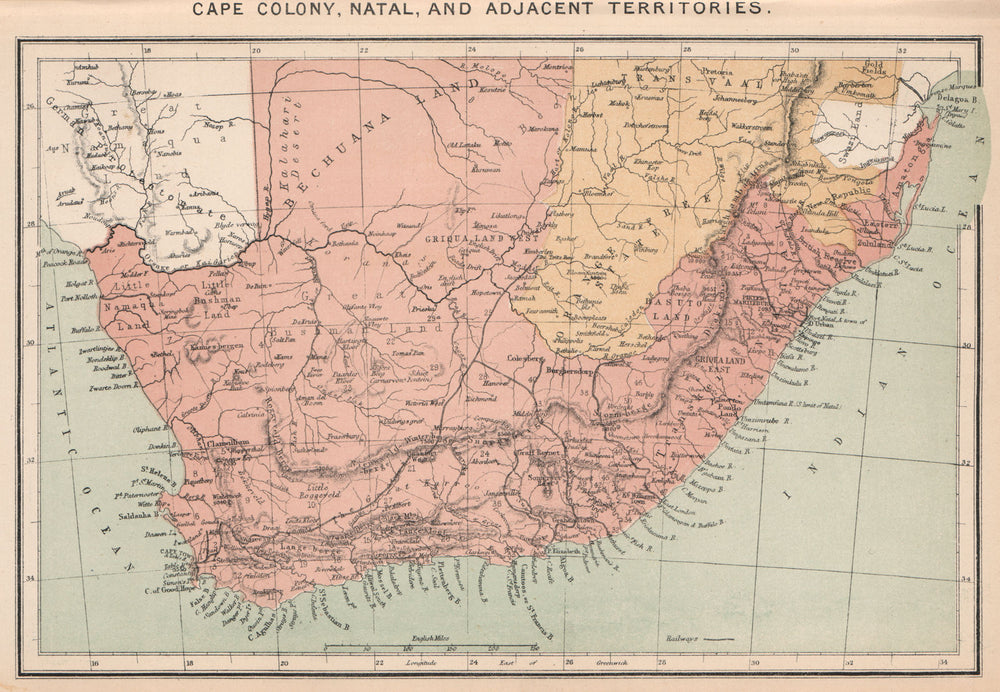Cape Colony, Natal, and adjacent Territories. South Africa 1885 old map