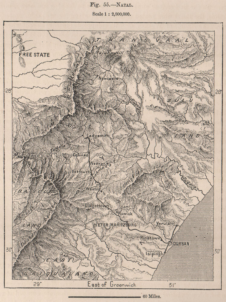 Natal. South Africa 1885 old antique vintage map plan chart