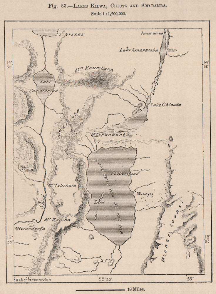 Lakes Chilwa, Chiuta and Amaramba. Malawi. Mozambique 1885 old antique map