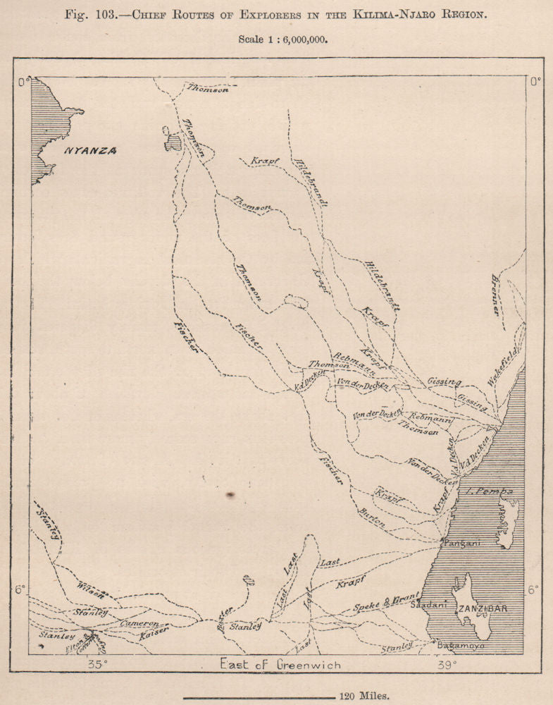 Chief routes of Kilimanjaro Region explorers. Tanzania. Maasai Land 1885 map