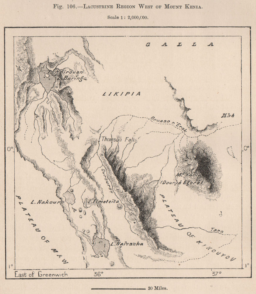 Lacustrine Region West of Mount Kenia. Kenya. Maasai Land 1885 old antique map