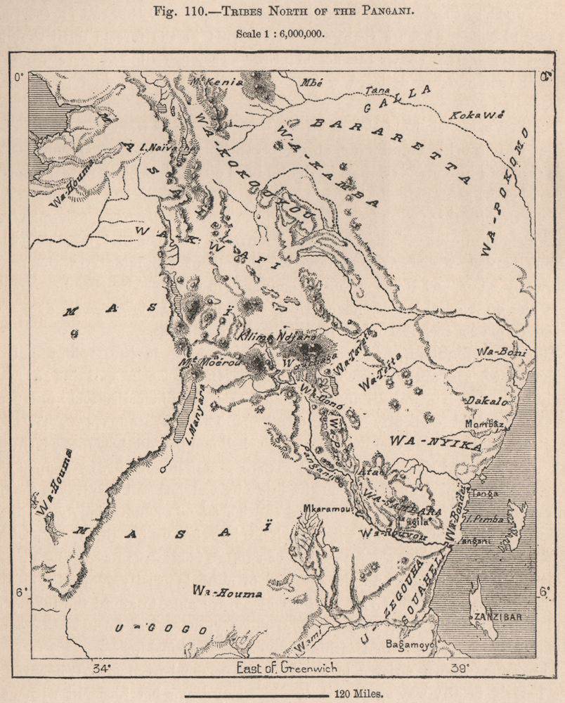 Tribes North of the Pangani river. Tanzania. Maasai Land 1885 old antique map