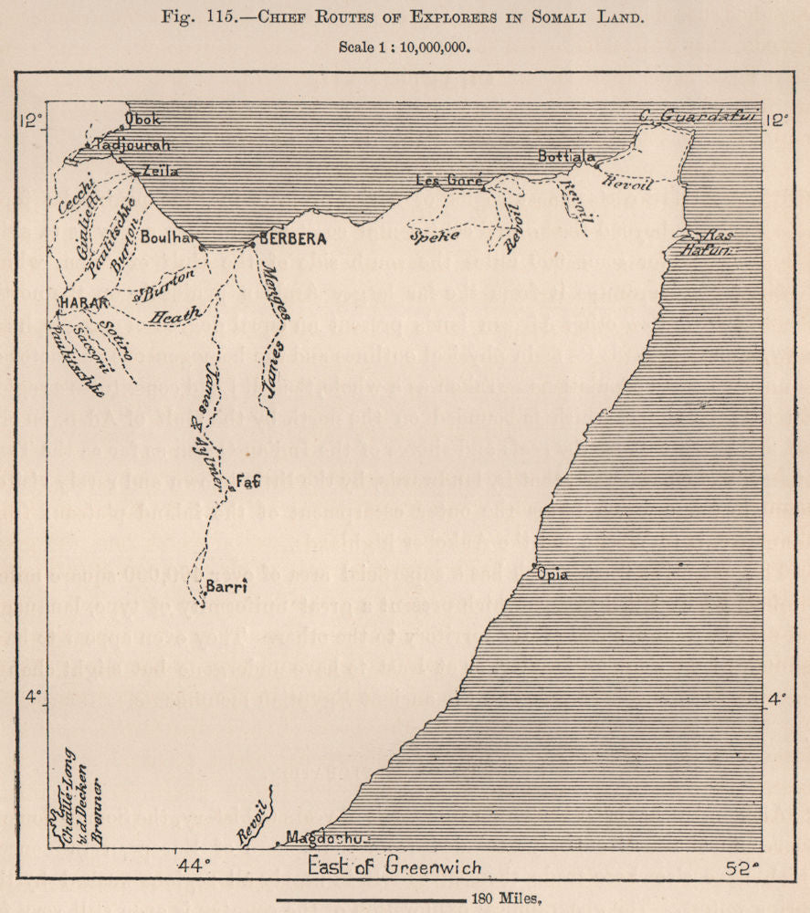 Chief routes of explorers in Somali Land. Somalia 1885 old antique map chart