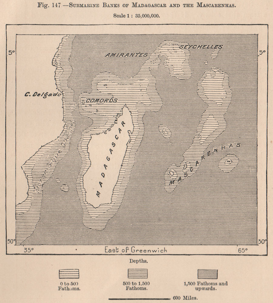 Submarine Banks of Madagascar & the Mascarenhas. Indian Ocean 1885 old map