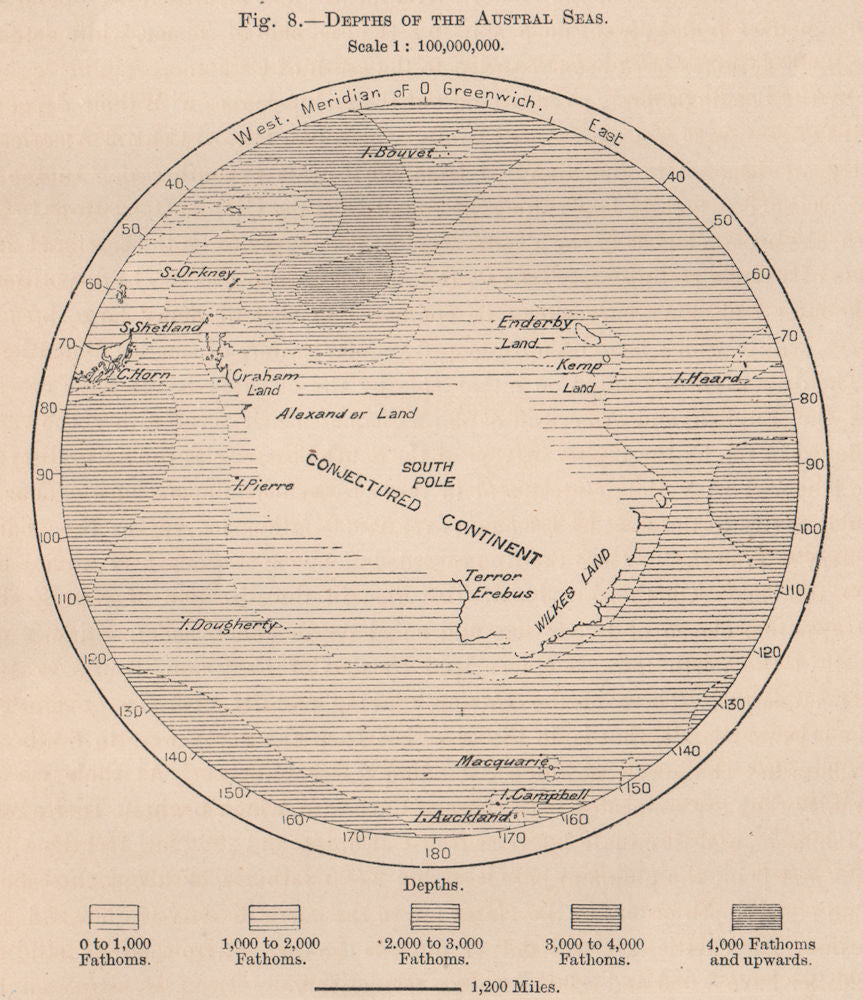 Depths of the Austral Seas. Antarctica 1885 old antique vintage map plan chart