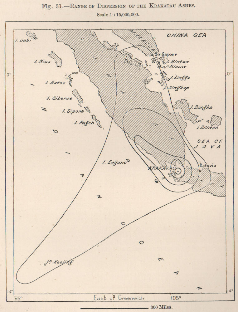 Range of dispersion of the Krakatoa ashes. Indonesia. East Indies 1885 old map