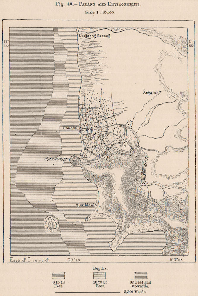 Padang and environs, Sumatra. Indonesia. East Indies 1885 old antique map