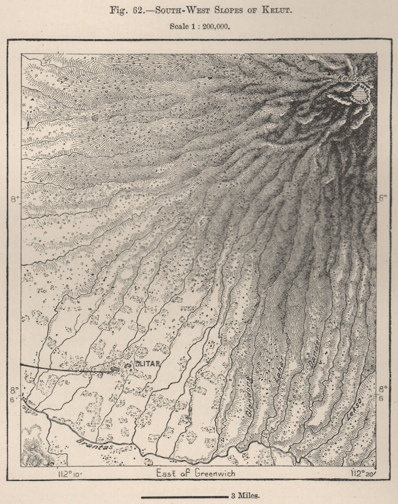 South-West Slopes of Kelut(Kelud)volcano,Java,Indonesia.East Indies 1885 map