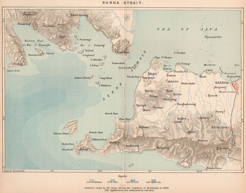 Sunda Strait.Java/Sumatra.Batavia(Jakarta).Indonesia.East Indies 1885 old map