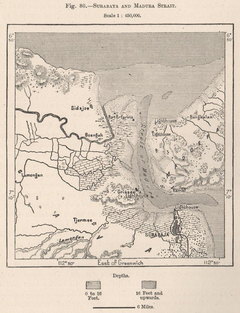 Surabaya and Madura Strait. Java, Indonesia. East Indies 1885 old antique map