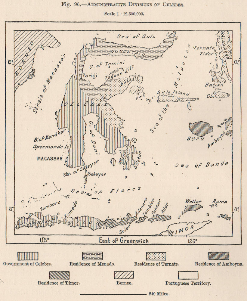 Administrative divisions of Celebes (Sulawesi) . Indonesia. Sulawesi 1885 map