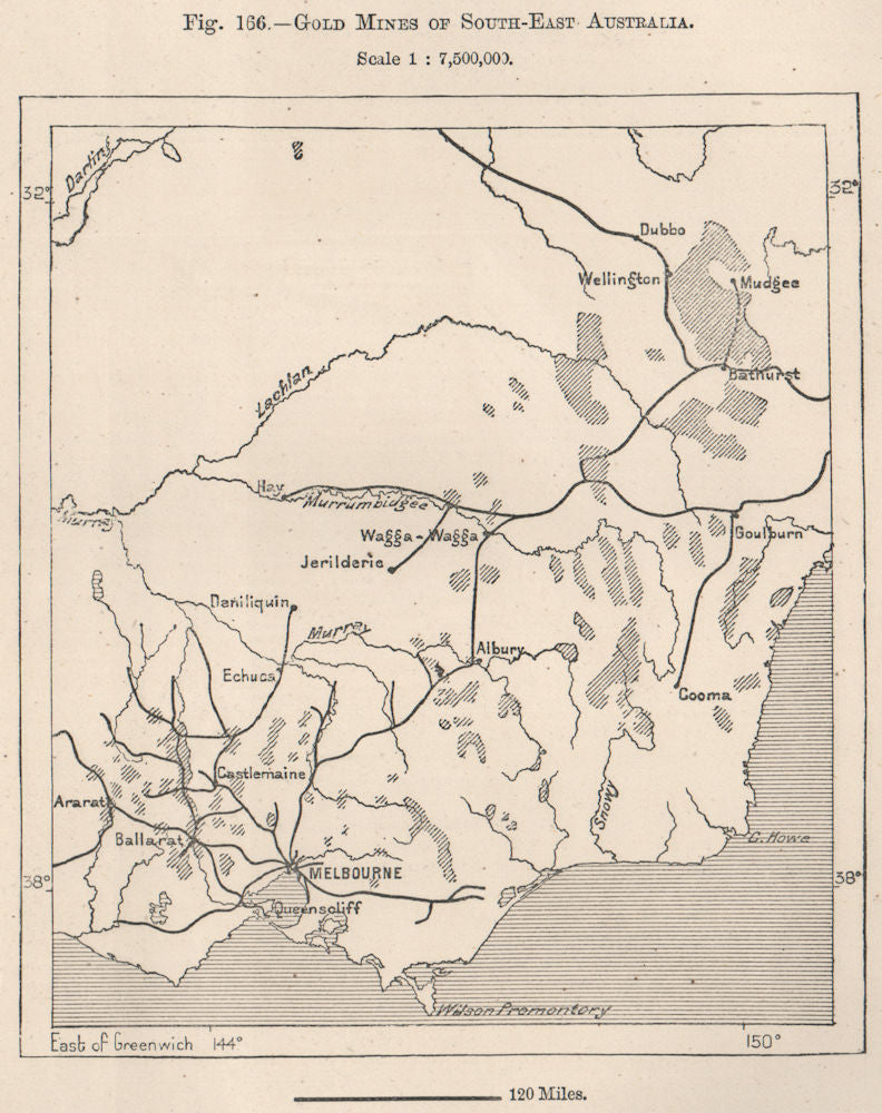 Gold mines of South-East Australia 1885 antique vintage map plan chart
