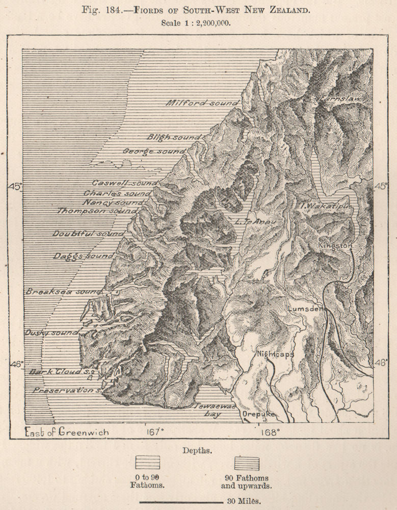Fjords of South-West New Zealand 1885 old antique vintage map plan chart