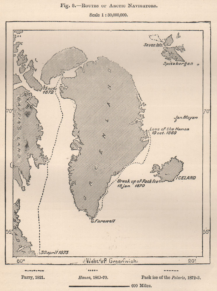 Routes of Arctic Navigators. Greenland 1885 old antique vintage map plan chart