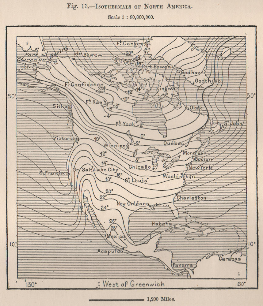 Isothermals of North America 1885 old antique vintage map plan chart