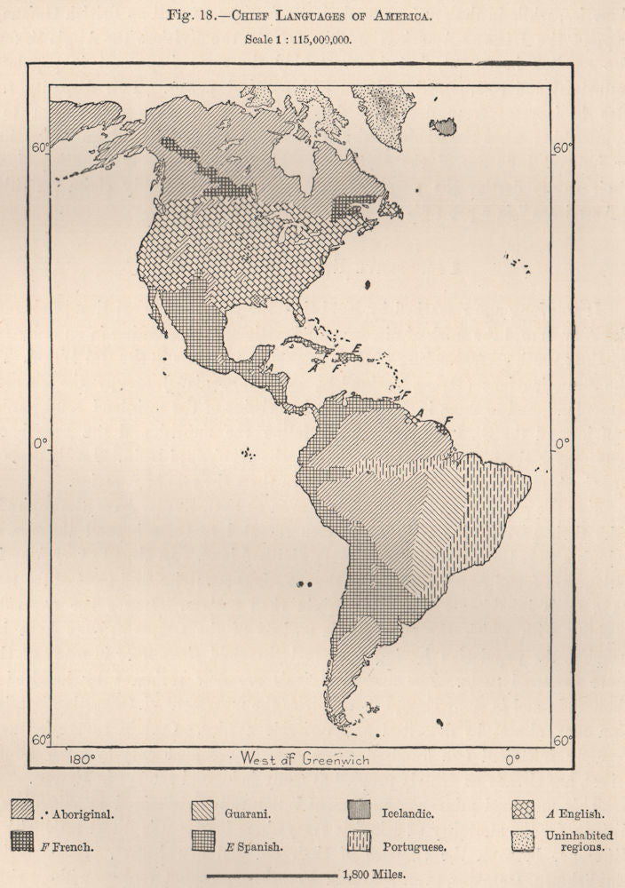 Chief Languages of the Americas.  1885 old antique vintage map plan chart