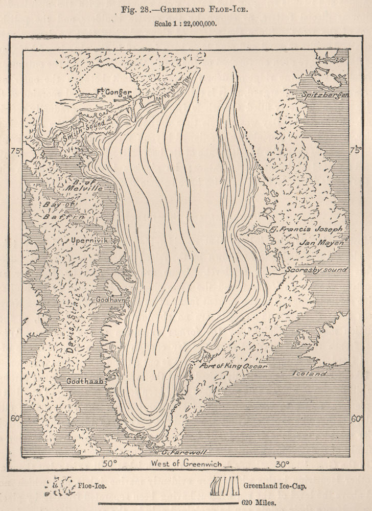 Greenland Floe Ice 1885 old antique vintage map plan chart