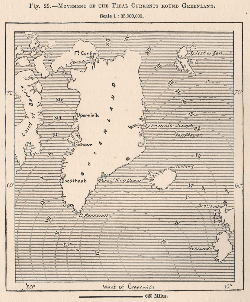 Movement of the Tidal currents round Greenland 1885 old antique map plan chart