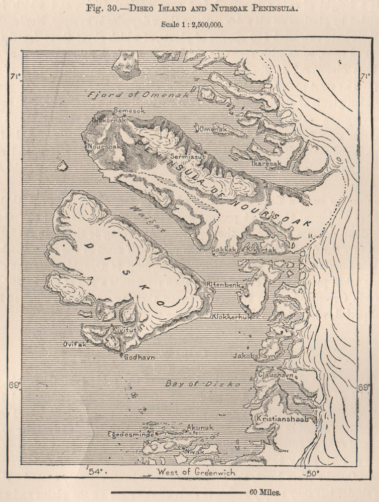 Disko Island and Nursoak Peninsula.Greenland.Qeqertarsuaq.Diskoøen 1885 map