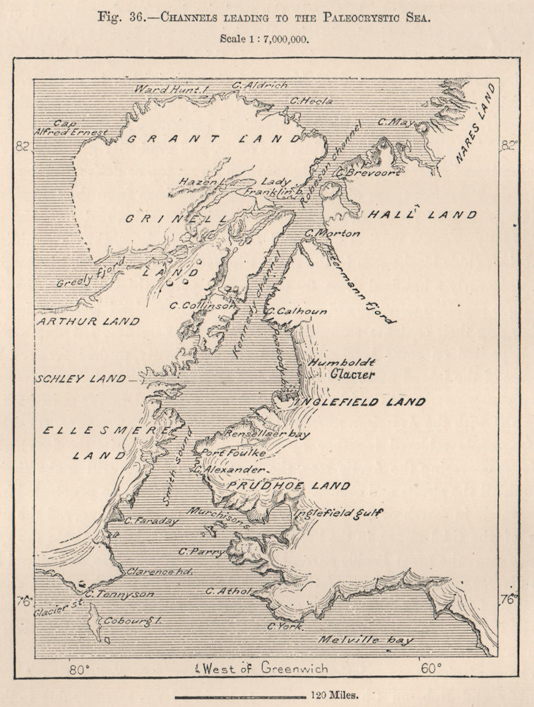 Ellesmere Island/Greenland.Channel to Paleocrystic Sea.Canadian Arctic 1885 map