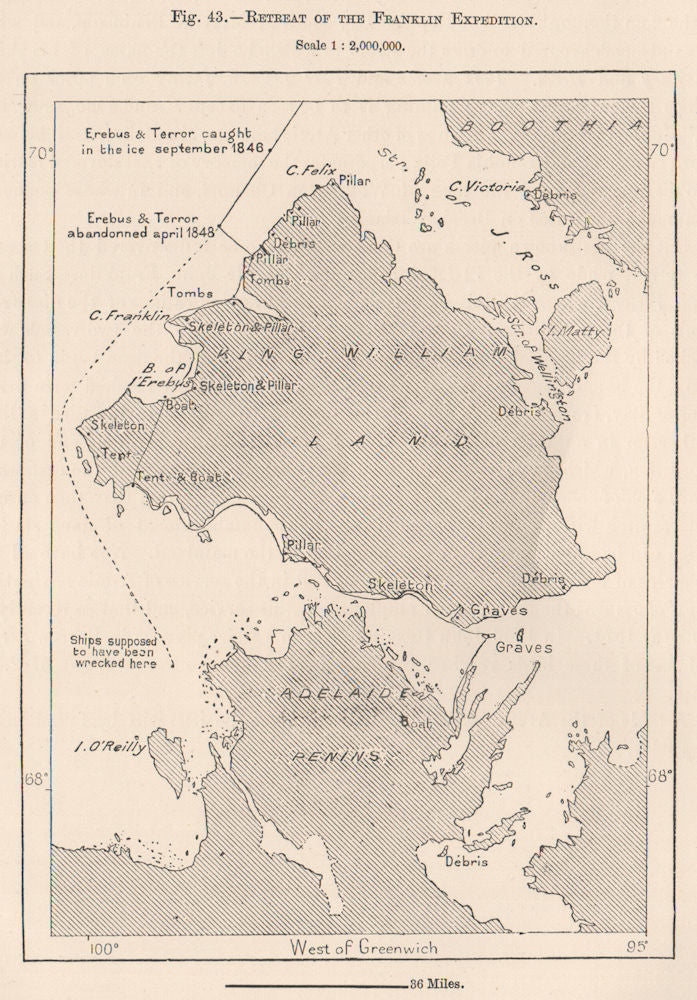 Franklin expedition retreat. King William Island. Canadian Arctic 1885 old map