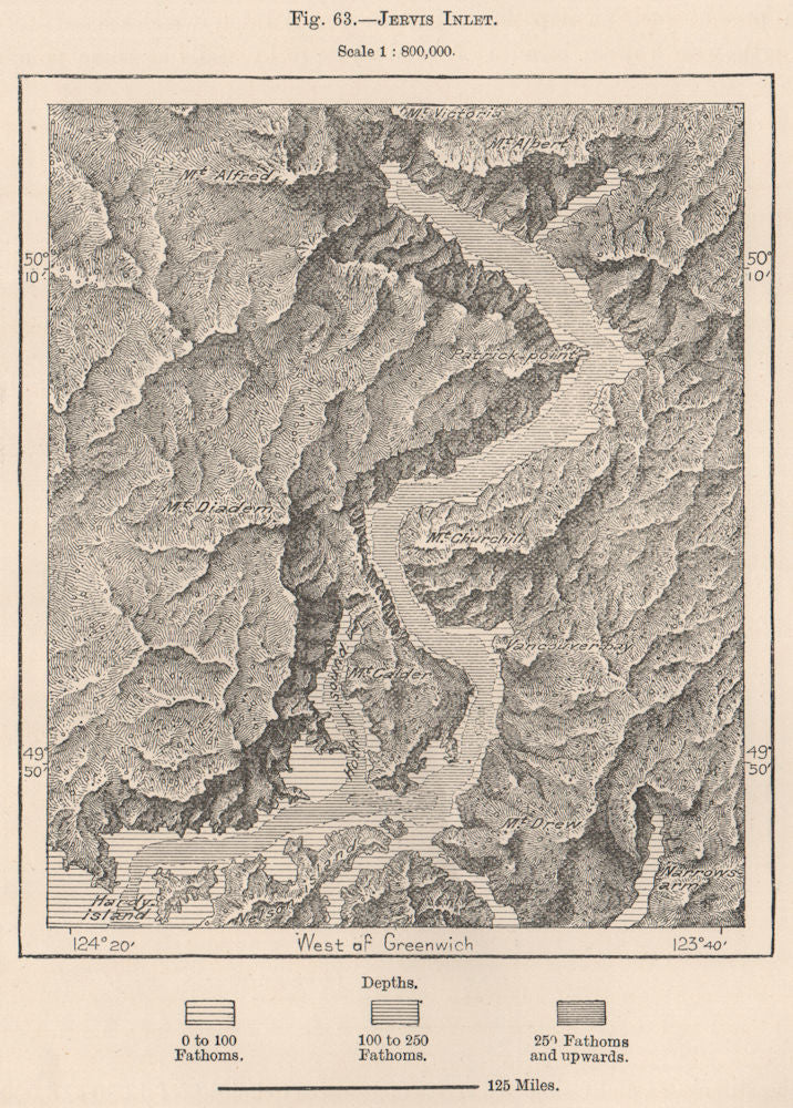 Jervis Inlet. British Columbia, Canada 1885 old antique vintage map plan chart