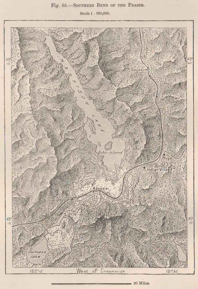 Fraser River S bend.Harrison Lake.Agassiz Chilliwack British Columbia 1885 map