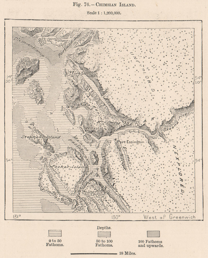 Prince Rupert.Porcher/Kaien Islands Chimsian peninsula British Columbia 1885 map