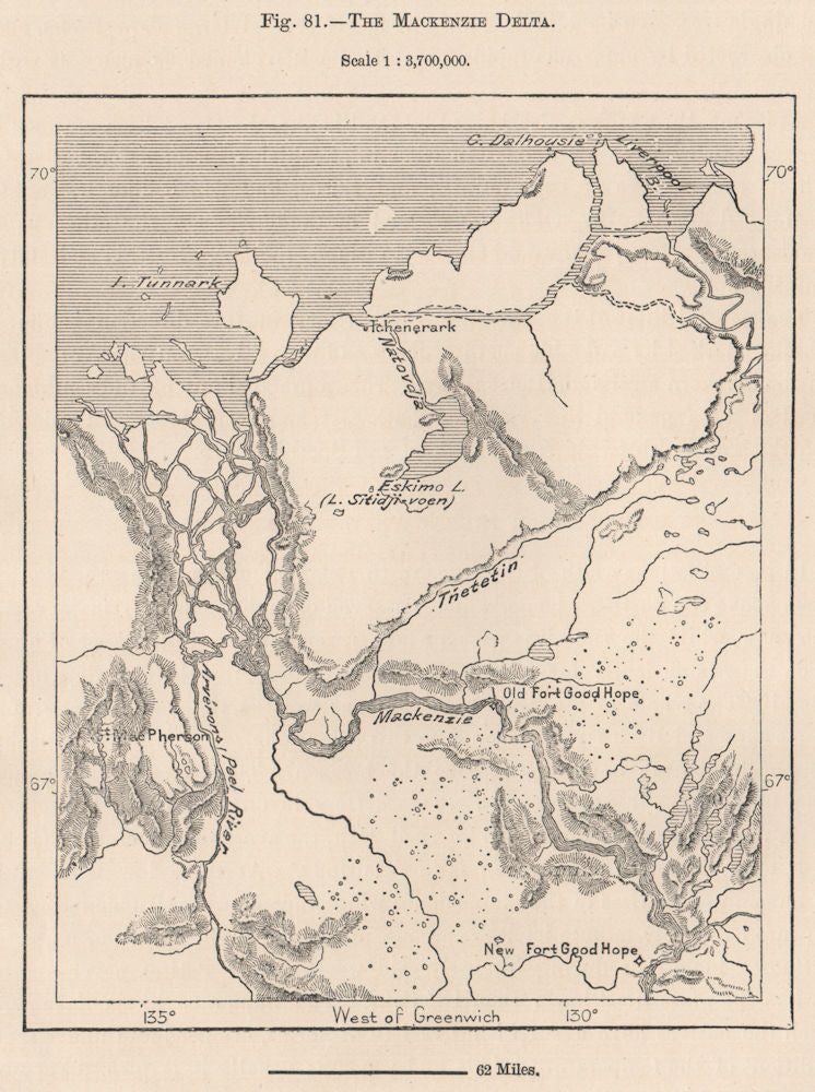 The Mackenzie Delta. Kendall Island. Canadian Arctic. Canada 1885 old map