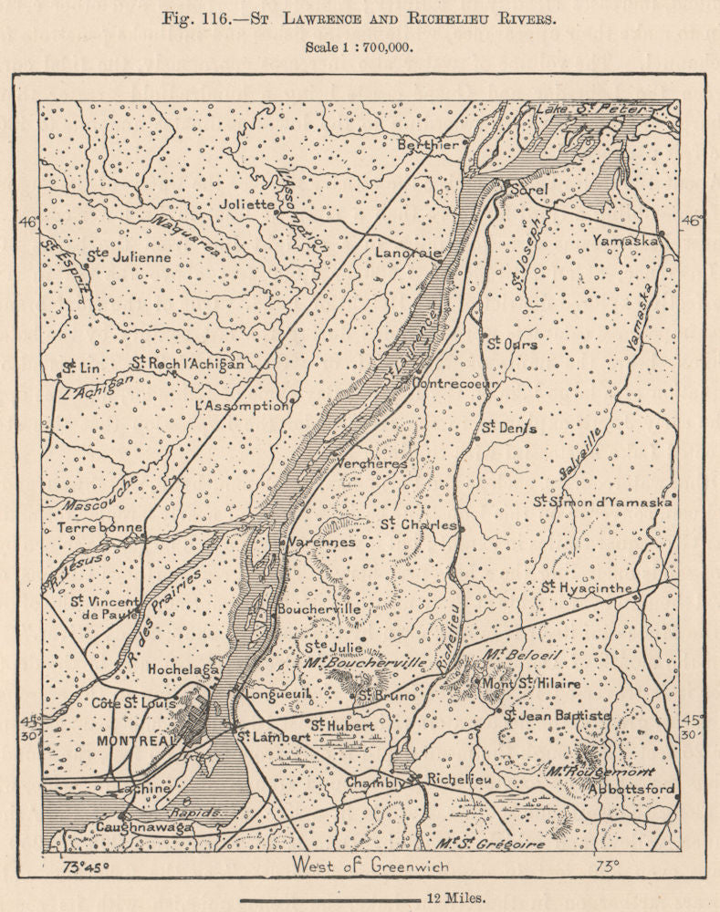St. Lawrence and Richelieu Rivers. Montreal. Quebec. Canada 1885 old map