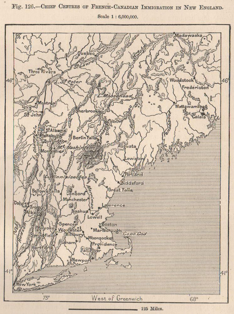French-Canadian immigration in New England. USA. Canada 1885 old antique map