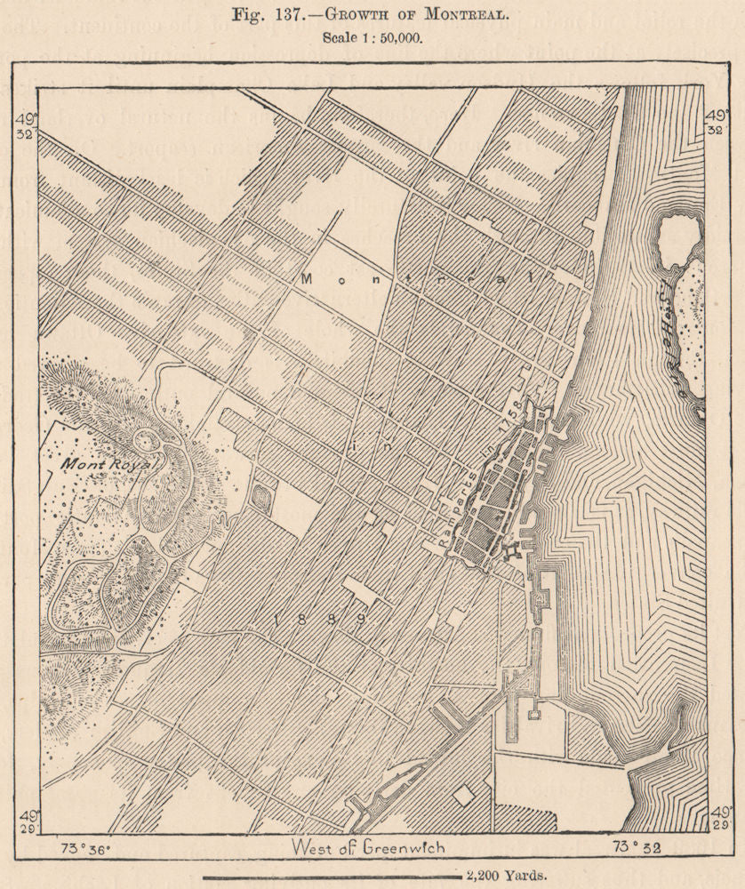 Growth of Montreal. Canada 1885 old antique vintage map plan chart